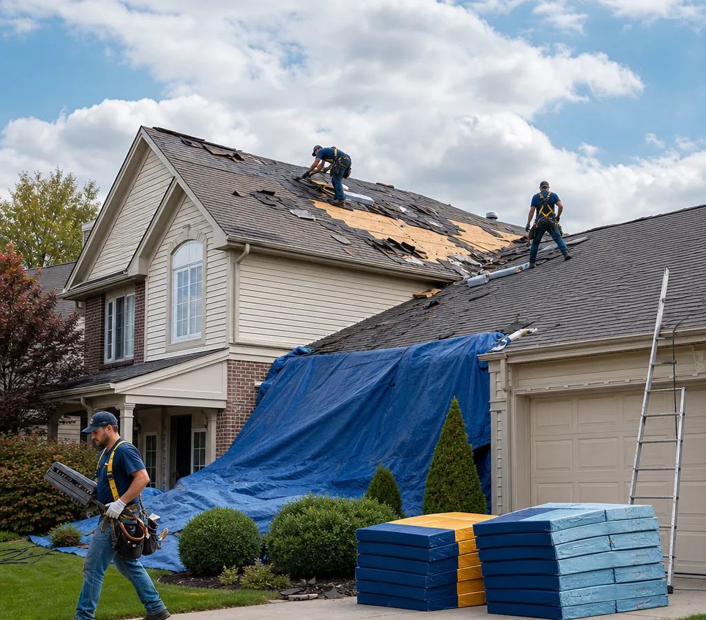 Farmington Hills roofing crew replacing asphalt shingles on a two-story home while protecting the landscaping