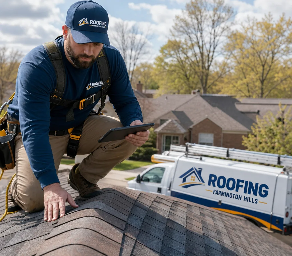 Residential roofing crew in Farmington Hills performing an on-roof assessment near a ridge line with safety harnesses and an organized job site