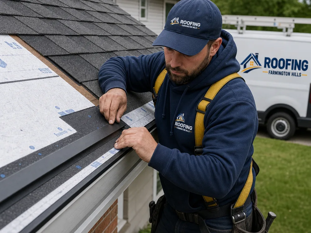 Close-up of new drip edge, starter course, ice and water barrier, and neatly installed shingles on a Southeast Michigan home