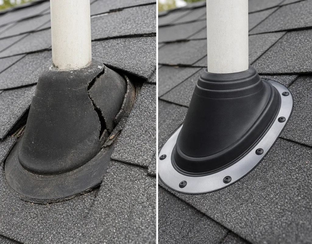 Before and after cracked plumbing vent boot replacement with the new flange integrated beneath the shingle course