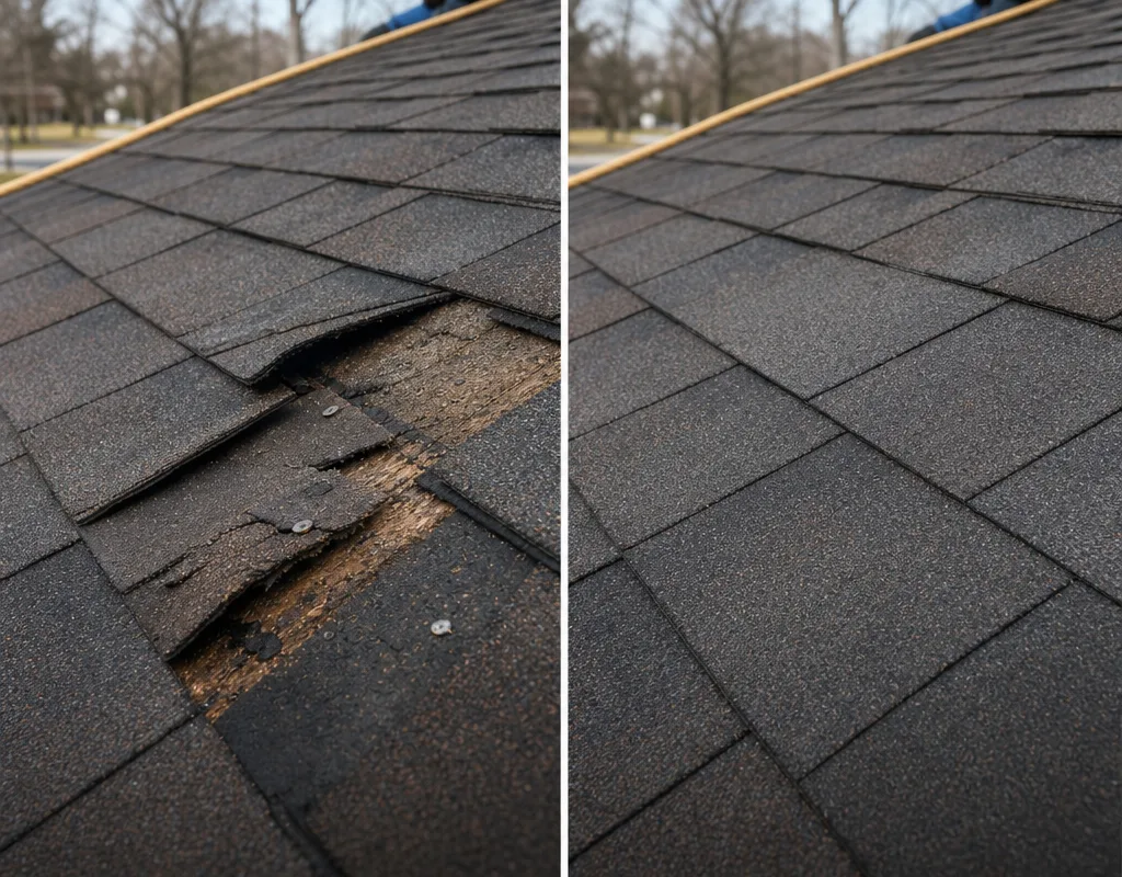 Before and after asphalt-shingle repair showing lifted tabs and exposed nails replaced with aligned and sealed shingles