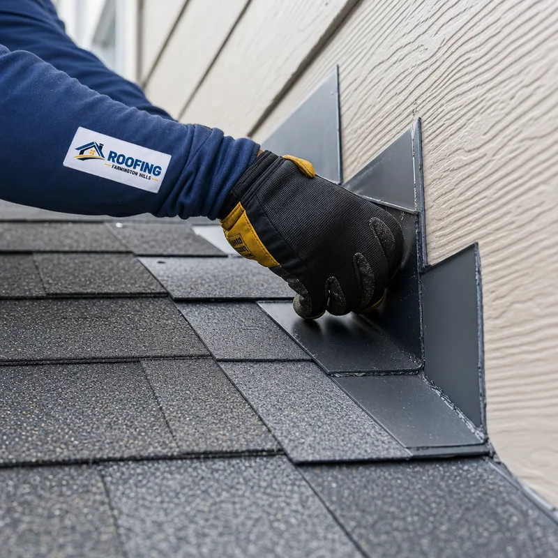 Properly installed step flashing and counterflashing at an asphalt-shingle roof sidewall with clean overlaps and sealed transitions
