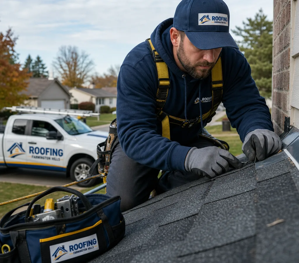 Technician inspecting flashing on a residential asphalt-shingle roof in Farmington Hills with a safety harness and repair kit nearby