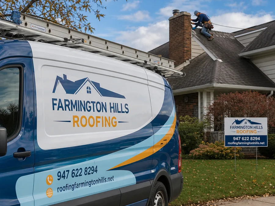Farmington Hills roofer using a moisture meter while inspecting chimney flashing