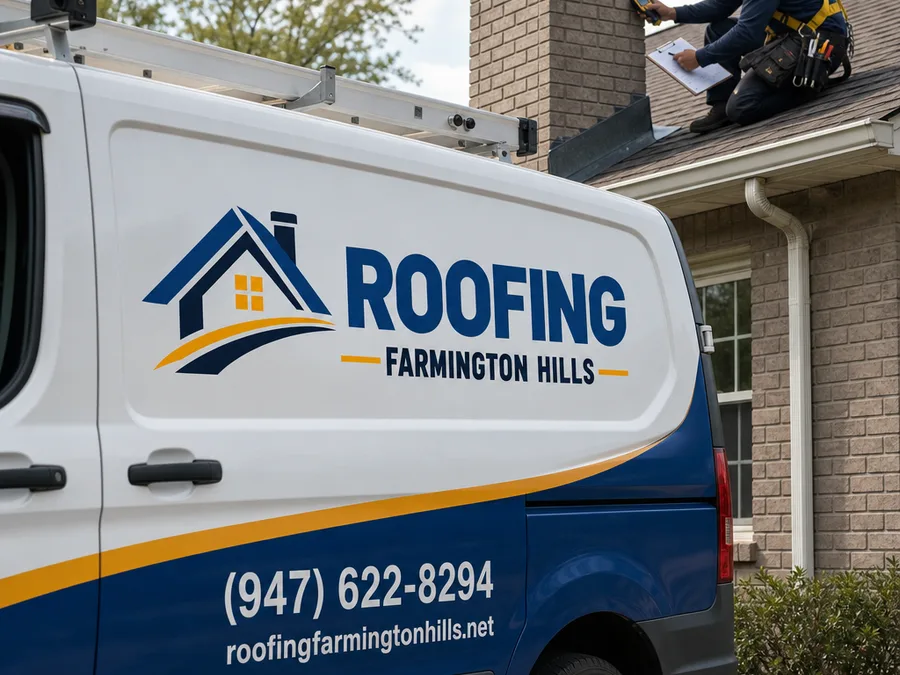 Roofing crew member lifting shingles to install step flashing at a wall intersection with materials staged neatly